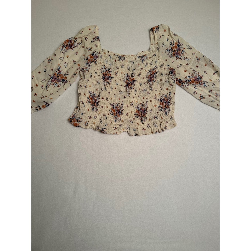 Rewind Floral Smocked Crop Top Cream Long Sleeve Square Neck Blouse XL